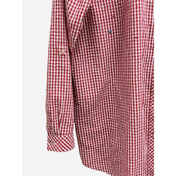Quacker Factory L Red Checkered Button Front Shirt Beaded Bling Pockets - Picture 5 of 10